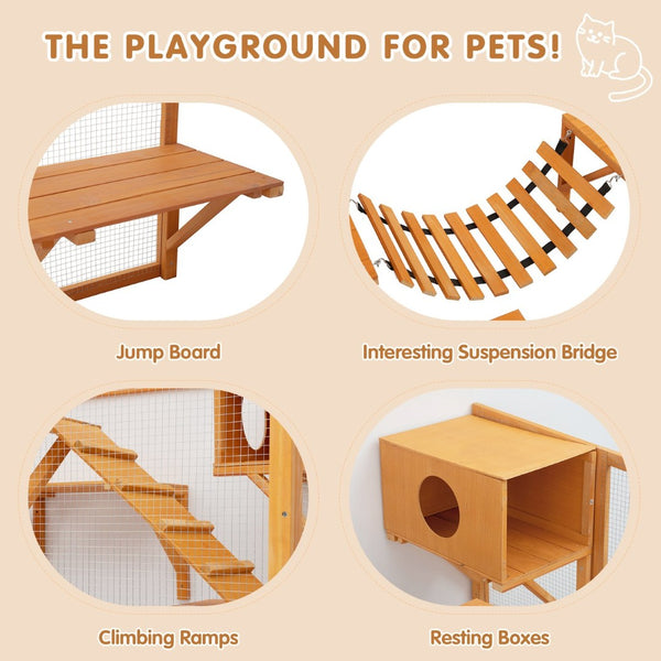 English Elm Weatherproof Pine Wood Catio Outdoor Cat Enclosure with Platforms Ramps and Pvc Roof N843MP003N
