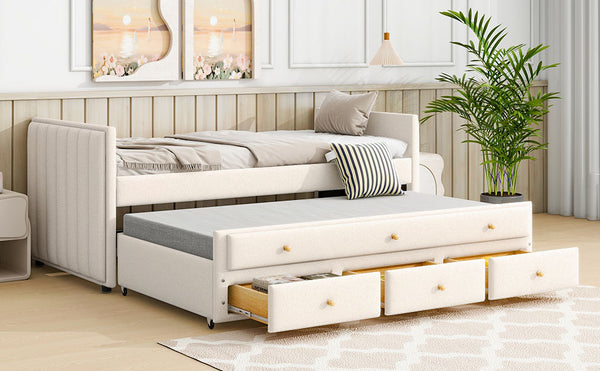 English Elm Twin Upholstered Daybed with Pull-Out Trundle and 3 Drawers, Velvet Finish, Solid Frame, Slat Kit Included Beige SF000147AAA