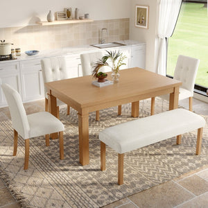 English Elm 6-piece Rectangular Dining Set with Wood Grain Table Four Upholstered Chairs and Bench Natural N752S000012N