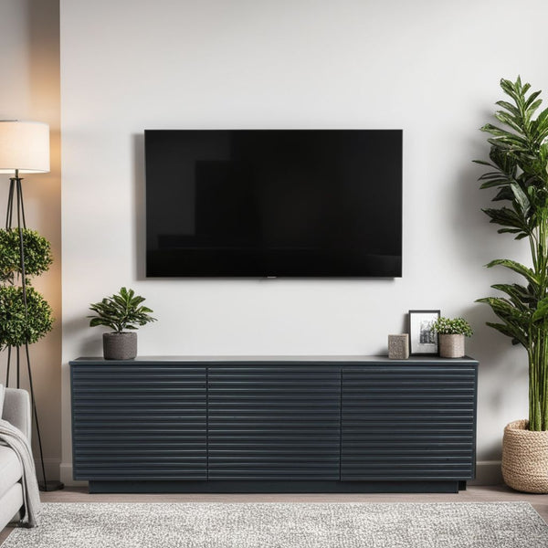 English Elm 74 Inch Three Door TV Stand for TVs up to 85" — Black Poplar & Okume Veneer Console, Cable Management, Fully Assembled, Modern Storage B108P255348