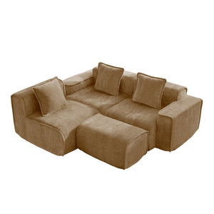 English Elm Streamlined Velvet L-shaped Sectional Sofa with Ottoman and Cloud Cushion Living Room Brown W3041S00373