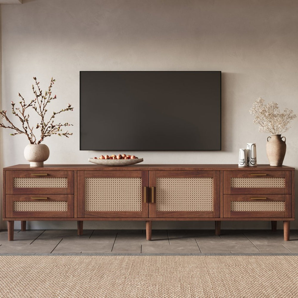 English Elm 78 Inch Rattan Media Console with Pine Legs Four Drawers Modern Living Room Tv Stand N710P365048P
