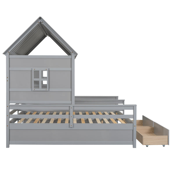 English Elm Twin House Platform Bed with Pitched Roof and Two Under-Drawers for Shared Kids’ Rooms, Durable Pine Gray GX000452AAE