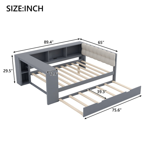 English Elm Wood Twin Platform Bed Linen Headboard Storage Shelves Trundle Charging Station Gray N709P004024E