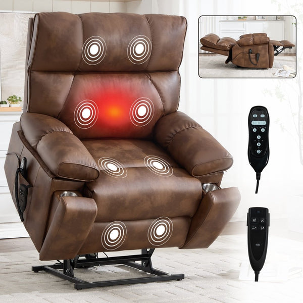 English Elm Brown Leatheraire Power Lift Recliner Dual Motor Massage Heat Heavy Duty 350 Lb W1803P340282