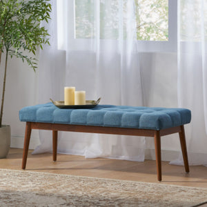 English Elm Mid-century Button Tufted Ottoman with Walnut Tapered Legs for Living Room Bedroom Blue N778P440482B