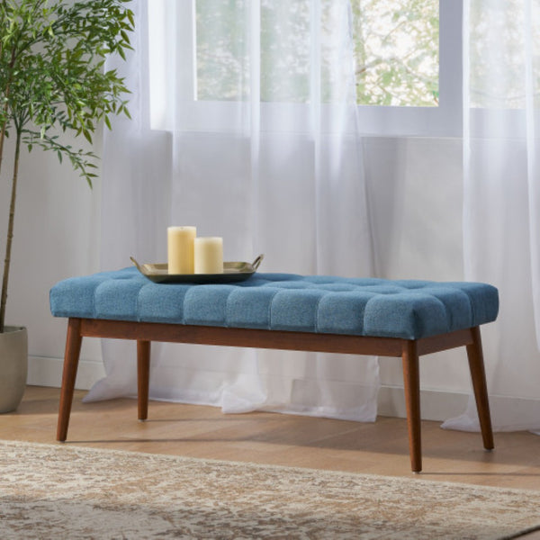 English Elm Mid-century Button Tufted Ottoman with Walnut Tapered Legs for Living Room Bedroom Blue N778P440482B