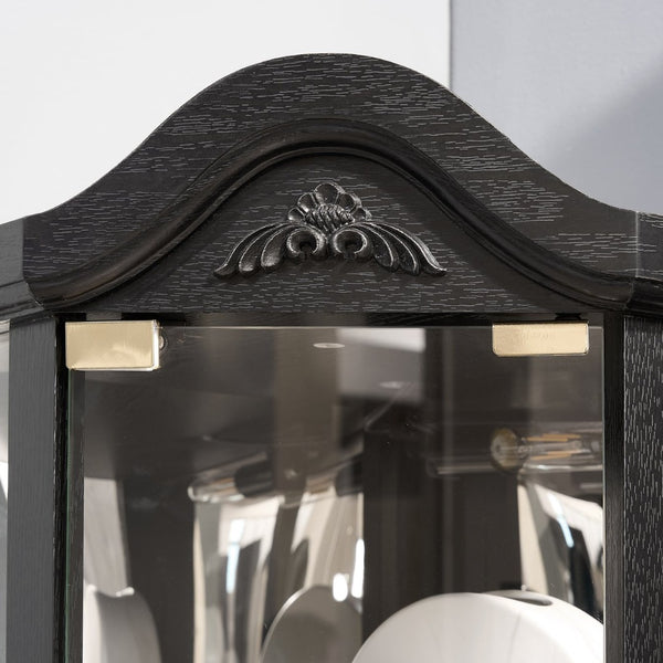 English Elm Glass Corner Curio Cabinet Lighted Dark Wood Display with Carved Crown Floral Detail W2275P292646