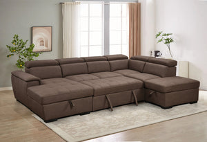 English Elm 128"Sofa U-Shaped Sectional with Pull-Out Bed, Storage Chaises, Adjustable Headrests for Comfort Dark Brown W1417S00087