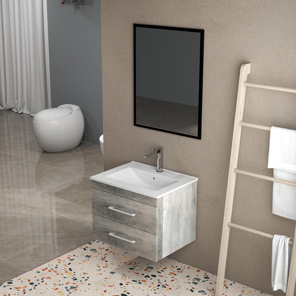 English Elm 24-Inch Modern Wall-Mounted Bathroom Vanity With Double Drawers, Soft-Close Sink & Mirror Set W3151S00007