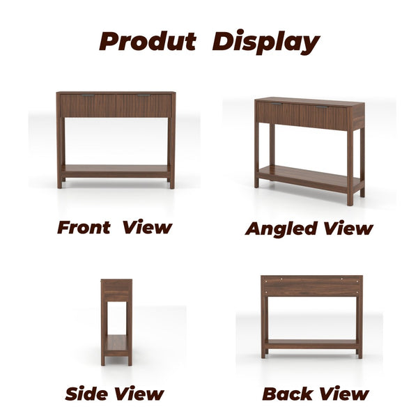 English Elm Mid-century Modern Console Table Fluted Drawers Walnut Finish Slim Entryway Sofa W2557P430472