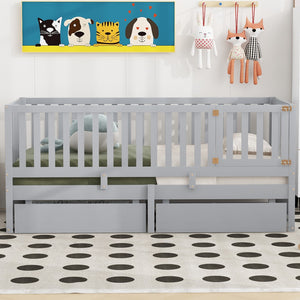 English Elm Twin Pinewood Daybed with Fence Guardrails Two Storage Drawers and Split Floor Bed Gray LP200881AAE
