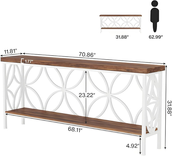 English Elm Coffee Console Table Industrial Metal Frame Vintage Wood Grain 2 Tier Entryway Sofa Rustic,White T3971P446786
