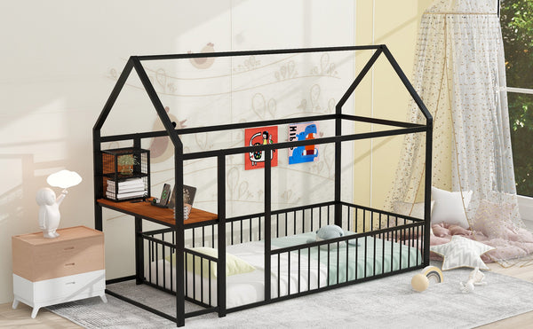 English Elm Twin House Bed Frame with Roof & Fence, Metal Twin Loft with Built-In Desk Shelves USB Outlets Black N737P173490B