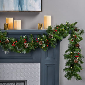 Christopher Knight Home® - Noble House - - 2-Packed 9'X10'' Glitter Bristle Mixed Garland With 15 Red Berry And 15 Pine Cones And With 50 Warm White Led Lights With Timer-Battery Operated-Outdoor,180 Tips