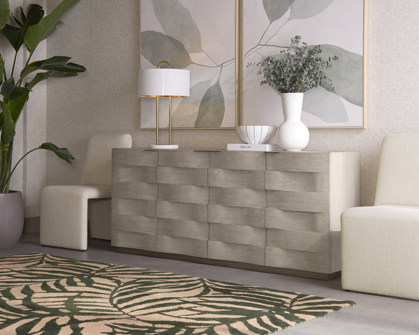 Sunpan Hoyos Sideboard - Elegant Light Wash Finish with Curved Panels & Warm Brass Handles for Modern Spaces