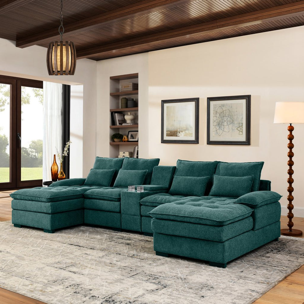 English Elm 130" U-Shaped Sofa With Console & Cupholders - 6-Seat Sleeper Couch In Green For Stylish Living Spaces W1117S00261