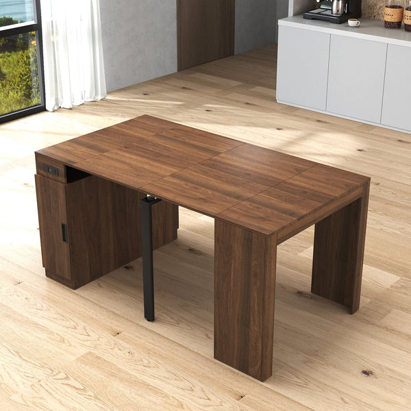 English Elm Modern Expandable Dining Table with Built-In Outlet, 5-Panel Extendable Space-Saving Design for Gatherings Walnut W331S00191