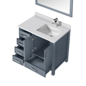 English Elm Dark Grey Bath Vanity With Right Offset White Quartz Top, Chrome Faucet, And Matching Mirror Set B2731S01263