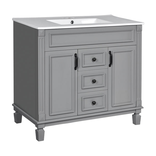 English Elm 36'' Modern Bathroom Vanity With Black Ceramic Top, Soft-Close Doors & Drawers For Stylish Storage N710P230231E