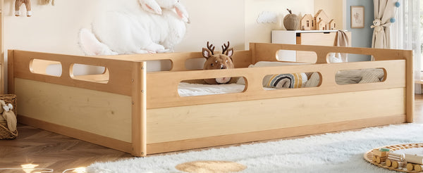 English Elm Queen Low Profile Floor Bed Pine Wood Frame Japandi Minimalist Bedroom Design Natural W1580P438796