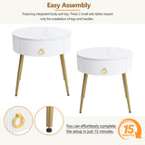 English Elm Φ19.6'' Easy Assembly End Tables With High Gloss Faux Marble Tabletops, Set Of 2, Modern Fluted 2 Side Tables With Drawers, Round Coffee Tables With Golden Legs For Living Room, White