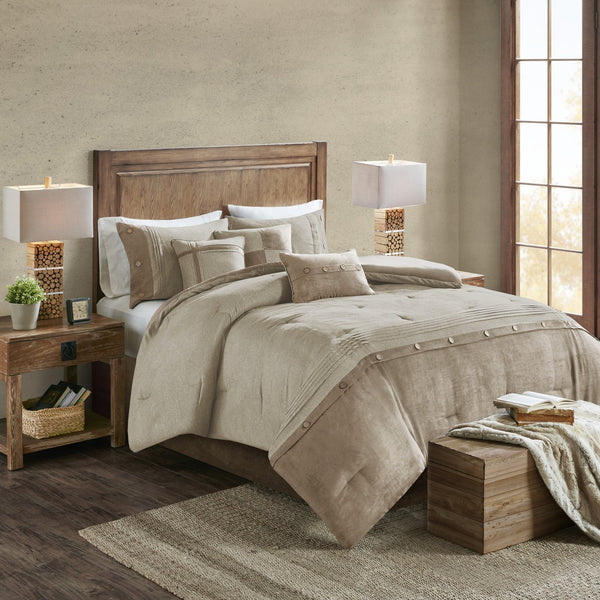 English Elm 7 Piece Madison Park Boone Faux Suede Comforter Set Tan Queen – Textured Lodge Style, Machine Washable Bedding B03597129