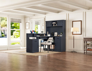 English Elm L-shaped Corner Computer Desk with Built-in Outlets Drawers and Open Shelving Storage W1580S00270