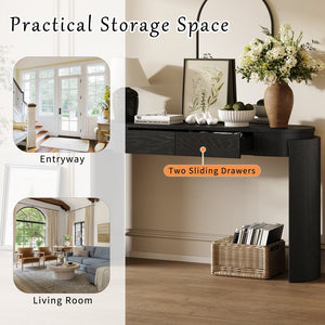 English Elm TREXM Entryway Table with Natural Oak Veneer, Fluted Legs, Oval Top and Two Drawers for Hallway Decor Black N715P288632B