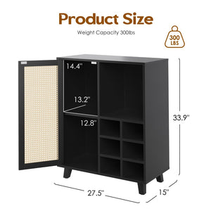 English Elm Rattan Cane Front Sideboard with Drawers Adjustable Shelf Bohemian Storage Cabinet Black T3623P434767