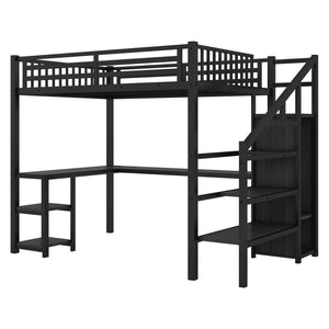English Elm Metal Full Loft Bed with Wardrobe, LED, L-Desk & USB Ports — Space-Saving Full Size Bunk for Kids Teens Adults W2593S00008