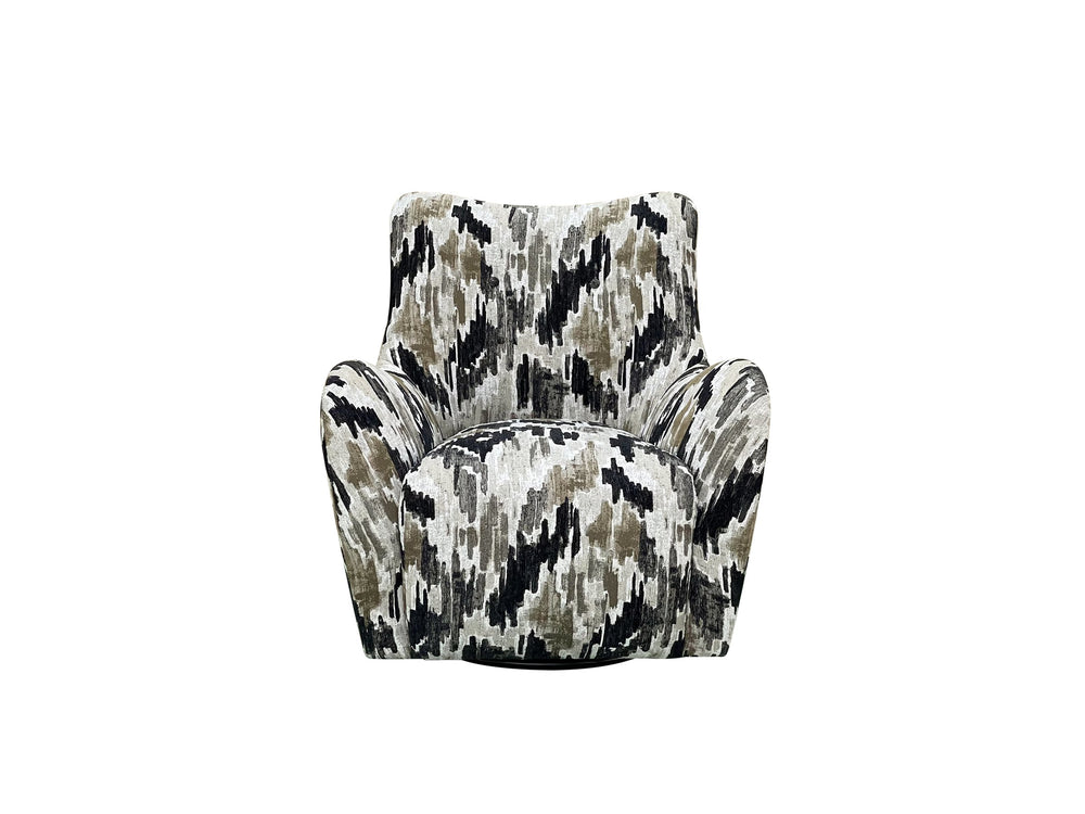 English Elm Swivel Beach Accent Chair White & Black Upholstered with Ikat Pattern, Sinuous Springs, Plush Dacron Cushions B2699P393058