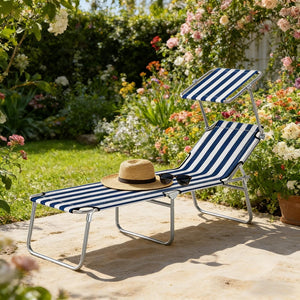English Elm Portable Folding Outdoor Chaise Lounge with Sun Awning Oxford Cloth Steel Frame T3971P476859