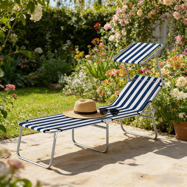 English Elm Portable Folding Outdoor Chaise Lounge with Sun Awning Oxford Cloth Steel Frame T3971P476859