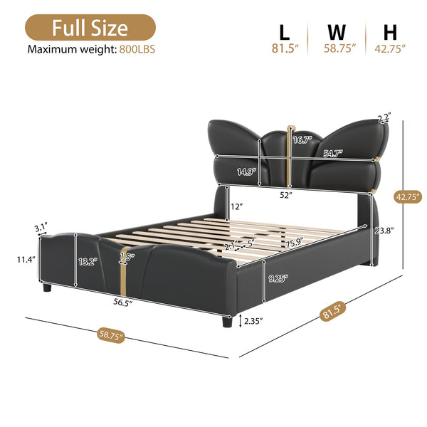English Elm Christopher Knight Home® - Full Upholstered PU Leather Bed Frame with Butterfly Headboard, Gold Accents, Solid Wood Platform Black 78.25 L x 10 W x 3.25 H N761S0000018B