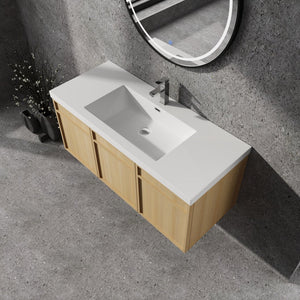 English Elm 48" 54.3" Wall-Mounted Bathroom Vanity with Resin Sink, Original Oak Finish, 3 Soft-Closing Doors, Plywood Construction W1972P315216