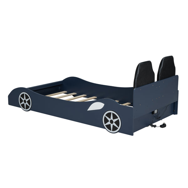 English Elm Wood Twin Race Car Platform Bed with LED Lighting, Upholstered Headrest, Sturdy Pine Build Blue GX002218AAC