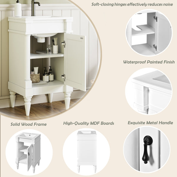 English Elm 18-Inch Modern Bathroom Vanity with Sink Compact Retro Design Durable MDF & Solid Wood Legs Storage-Friendly White N710P257401K