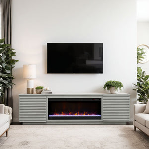 English Elm 89 Inch Fireplace TV Stand Sandstone Finish for TVs up to 100", Modern Poplar & Okume Console w/ Storage, 42" Insert, Remote and Cable Management B108P255365