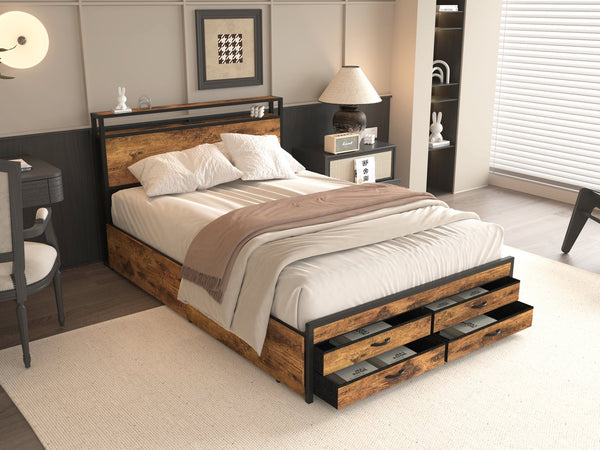 English Elm Full Size Bed Frame with 8 Drawers, LED RGB Headboard, USB Charging Station, Sturdy Metal Platform, No Box Spring Needed W2129P269874