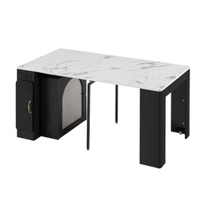 English Elm TREXM Extendable Dining Table with LED Light Strip, Built-In USB/Type-C Outlet, Rolling Space-Saver Cabinet Black,White Marble XW000024AAB
