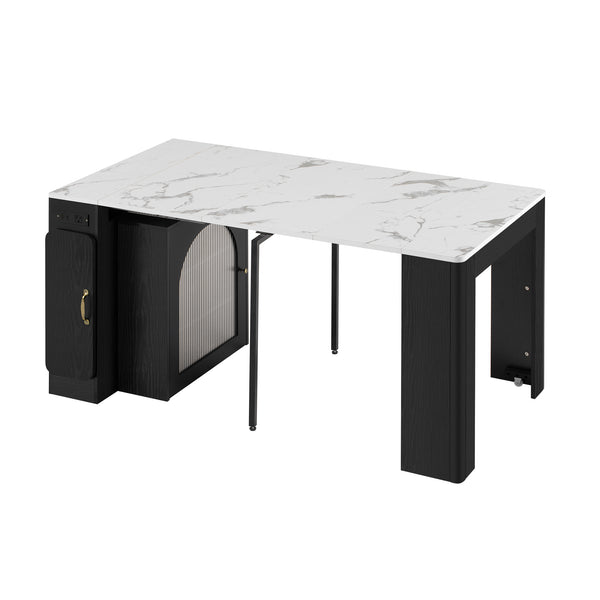 English Elm TREXM Extendable Dining Table with LED Light Strip, Built-In USB/Type-C Outlet, Rolling Space-Saver Cabinet Black,White Marble XW000024AAB