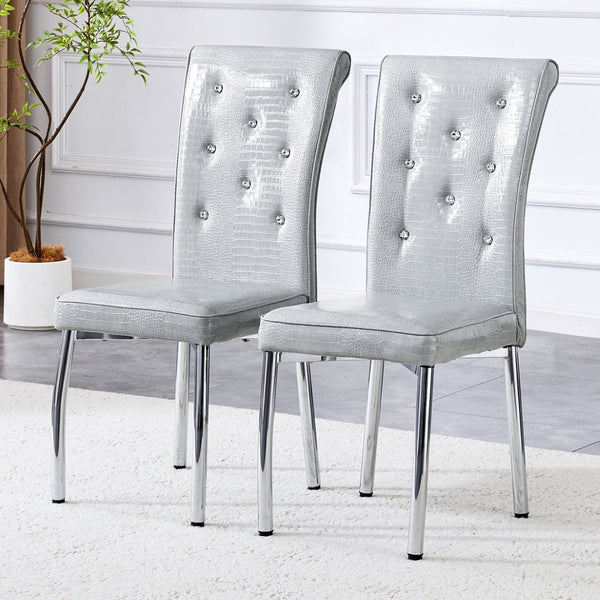 English Elm A Set of 2 Crystal Button Faux Leather Dining Chairs with Embossed Croc Texture W3226P340254
