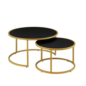 English Elm Modern Faux Leather Nesting Round Coffee Table Set with Gold Metal Base, Stylish Versatile Accent Tables for Living Room (Set of 2) Black W2186P340503