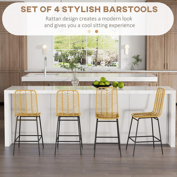 English Elm HOMCOM Boho Rattan Bar Stools Set of 4 – 26" Counter Height, Breathable Wicker Seats, Steel Frame, Yellow W2225P229567
