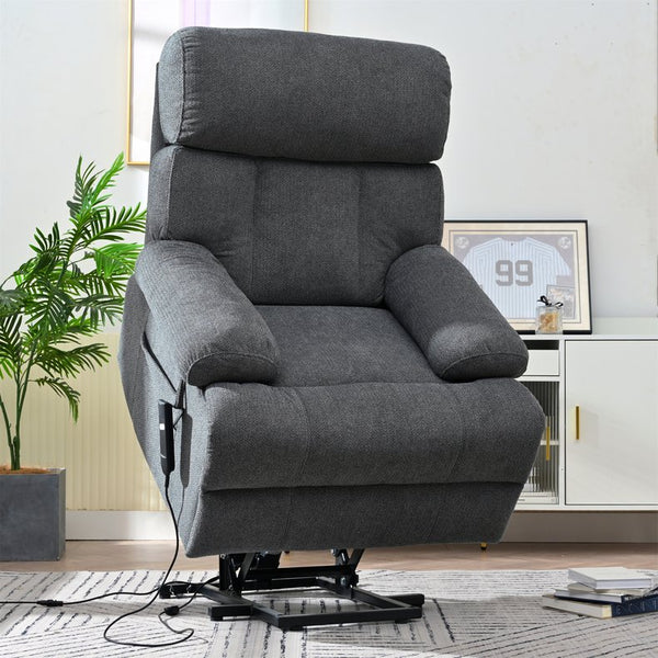 English Elm Oversized Power Lift Recliner Chair with Remote Control, Spacious Fabric Seat and Side Pocket for Comfort and Support Dark Gray W1028P261272
