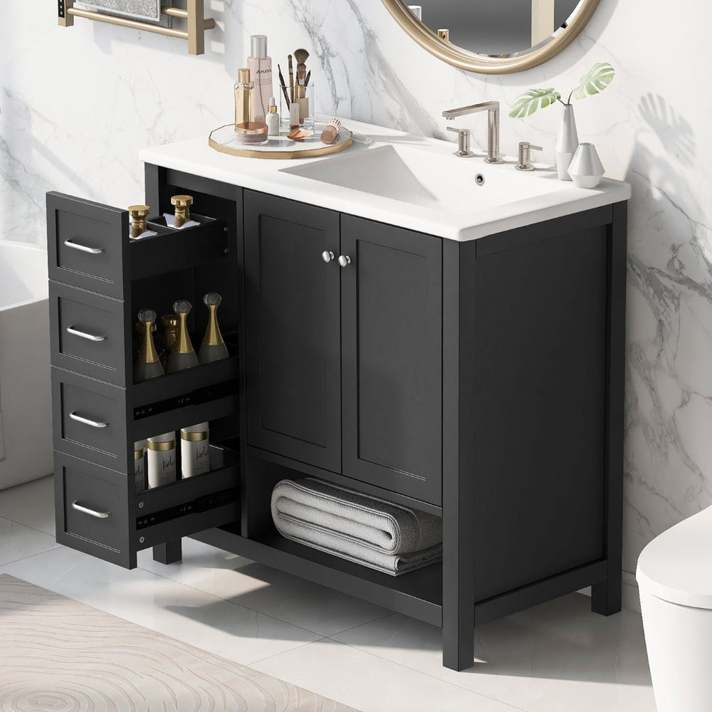 English Elm 36" Freestanding Bathroom Vanity Solid Wood Mdf Cabinet Ceramic Undermount Sink Open Shelf Black N725P364203B
