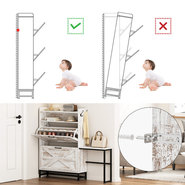 English Elm Shoe Organizer Cabinet with Anti-Tip Safety, Slim Entryway Storage Rack with Open Top Shelf for Keys and Decor White W2896P215176