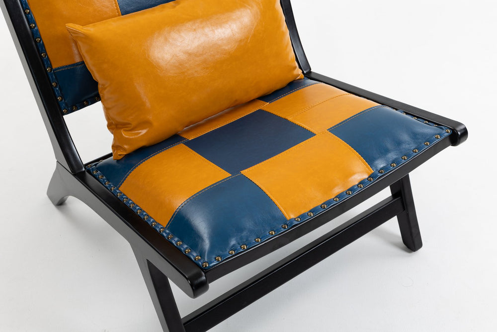 English Elm Modern Mid Century Boho Accent Chair for Living Room — Scandinavian PU Leather, Solid Wood Frame, Cozy Recline Blue+Yellow W2530P365065