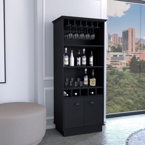 English Elm Dundee 70-Inch High Bar Cabinet with 10 Glass Doors, 5 Cubbies, 3 Shelves for Wine & Decor Black 69 L x 24 W x 4 H B070S00321